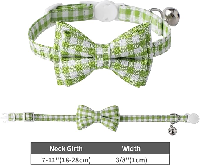 AIITLE Breakaway Cat Collar with Cute Bow Tie and Bell, Detachable Adjustable Safety Collars for Girl Cats and Boy Cats, Kittens, Puppy, Soft Stylish Plaid Patterns Cat Collars,Green