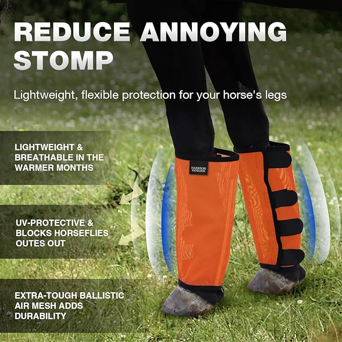 Harrison Howard Loose Fitting Fly Boots UV-Protective Extra Tough Mesh Ventilated Four Fasteners Stay-on Design Protect Horse Legs & Stomp-Reducing Set of 4 Orange Yearling