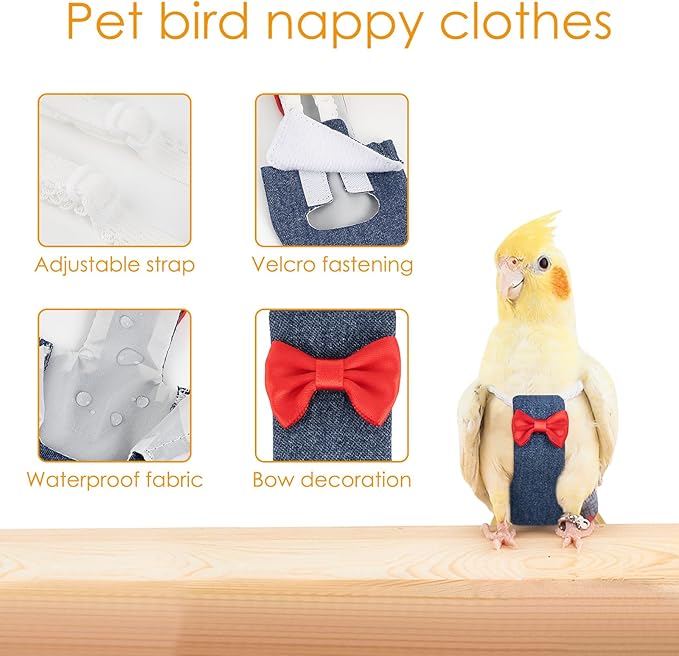 Parrot Clothes - Diaper Bird Flight Suit with Adjustable Straps, Harness, Diaper with Training Rope (1PCS, Denim, M-Code)