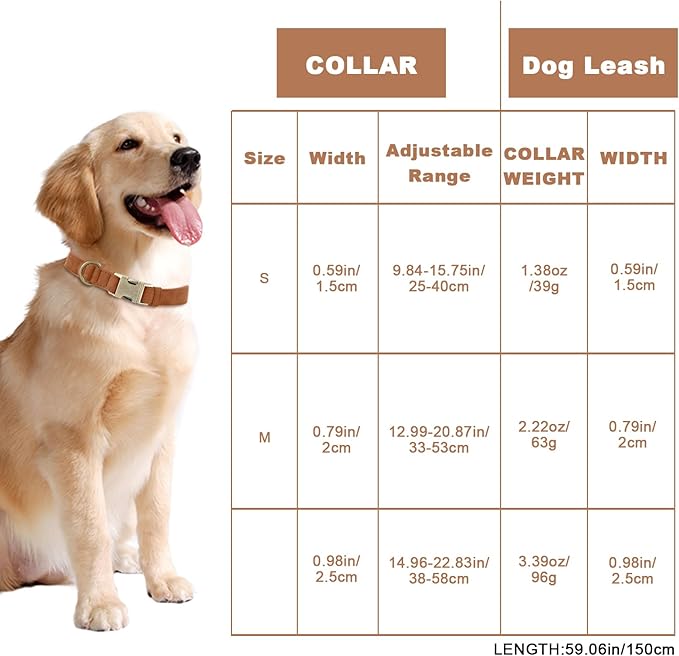 Genuine Leather Dog Collar - Adjustable Pet Collar with Quick Release Metal Buckle, Soft Skin Friendly Real Leather Collar for Small, Medium, Large Dogs (Khaki Collar + Rope, M：Fit 12-20" Neck)