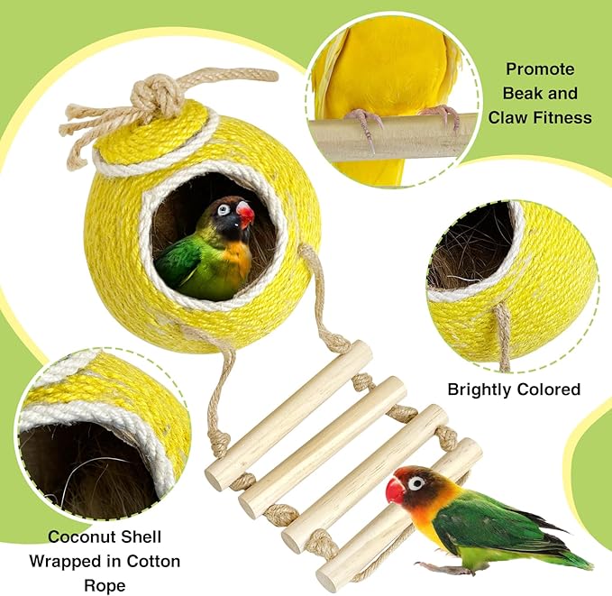 Tfwadmx Coconut Hide with Ladder, Natural Coconut Fiber Hanging Birdhouse Cage, Handmade Sisal Rope & Coconut Bird Shell Breeding Nest for Parrot Parakeet Lovebird Finch Canary (2 Pcs Yellow)