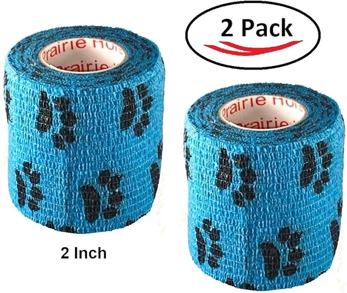Vet Wrap Wrap Tape (Blue with Paw Prints) (2 Pack) (3 Inch x 15 feet) Self Adhesive Adherent Adhering Cohesive Flex Self Stick Bandage Grip Roll Dog Cat Pet Horse
