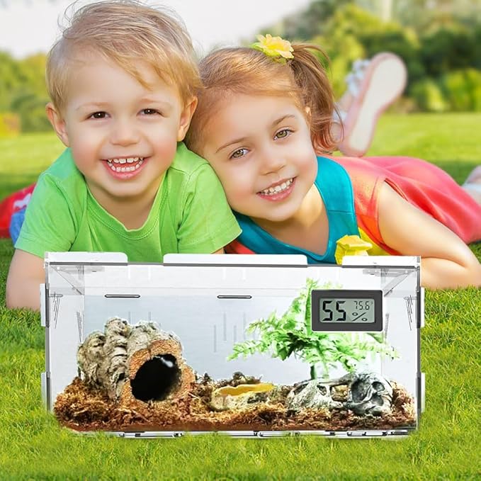 Reptile Terrariums, with Temperature Hygrometer, 15.7"x9.9"x7.1"Acrylic Reptile Breeding Box Terrarium Cage Tank for Small Reptile Insect Home Office
