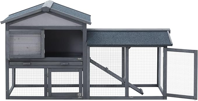 PawHut 58" Rabbit Hutch, Wooden Bunny Hutch, Guinea Pig Cage, Small Animal Enclosure with Run Area, Removable Tray, Asphalt Roof, Lockable Doors and Ramp, Dark Gray