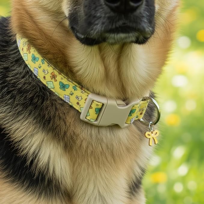 Cute Dog Collar with Yellow Bow Pattern, Girl Dog Collar for Small Dogs, Adjustable Spring/Summer Puppy Collar Made of Soft Fabric and Quick Release Buckle, S