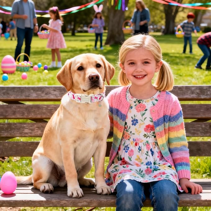 DOGWONG Easter Dog Collar, Cute Easter Pink Bunny Pet Collar Durable Holiday Girl Boy Adjustable Cotton Dog Collars for Small Dogs,S Visit The Elegant Little Tail Store
