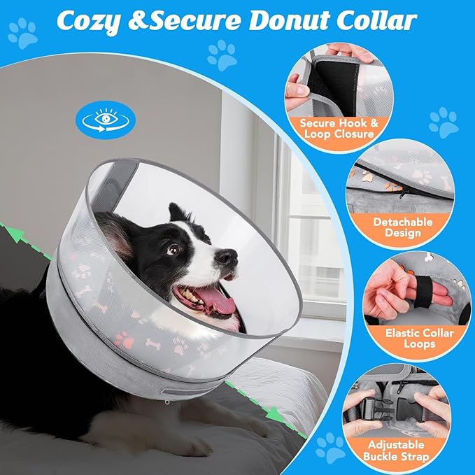 Inflatable Dog Cone with Anti-Licking Clear Shield, Protective Dog Donut Collar After Surgery, Adjustable Soft Recovery Cone for Pets, Alternative Collar with Buckle Strap (Grey Paw, M)