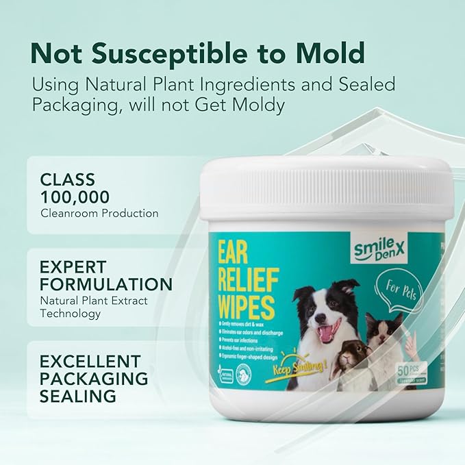 Dog Ear Cleaner Wipes, Dog Ear Infection Treatment, Hypoallergenic Ear Wipes Finger for Dogs & Cats, Gently Relief Ear Itching, Inflammation, Remove Wax, Dirt & Stop Smelly, 50 Count