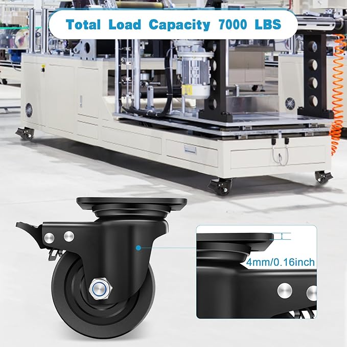Nefish 4-Inch Heavy Duty Casters Set of 4, Industrial Grade Casters Wheels 7000 LBS, Low Gravity Plate Swivel Caster with Brake, Sturdy & Corrosion-Resistant Nylon Wheels for Industrial, Equipment