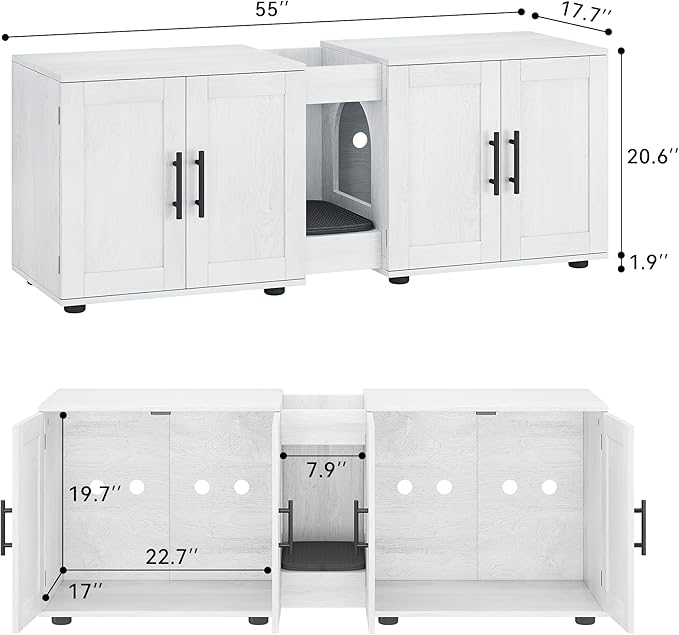 Gaomon Litter Box Enclosure with Double Cage, Cat House,Hidden Litter Box Enclosure Furniture for 2 Cats, Wooden Enclosed Cat Litter Box Furniture,55”L x 17.7”W x 22.5”H,White