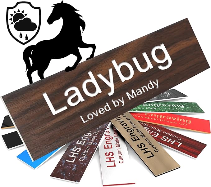Horse Stall Name Plate, 2x6 Personalized Stall Signs, UV Protected, All Weather Adhesive, Hanging, Mounting or Other, Teak Plastic White Letters - Made in USA - N7
