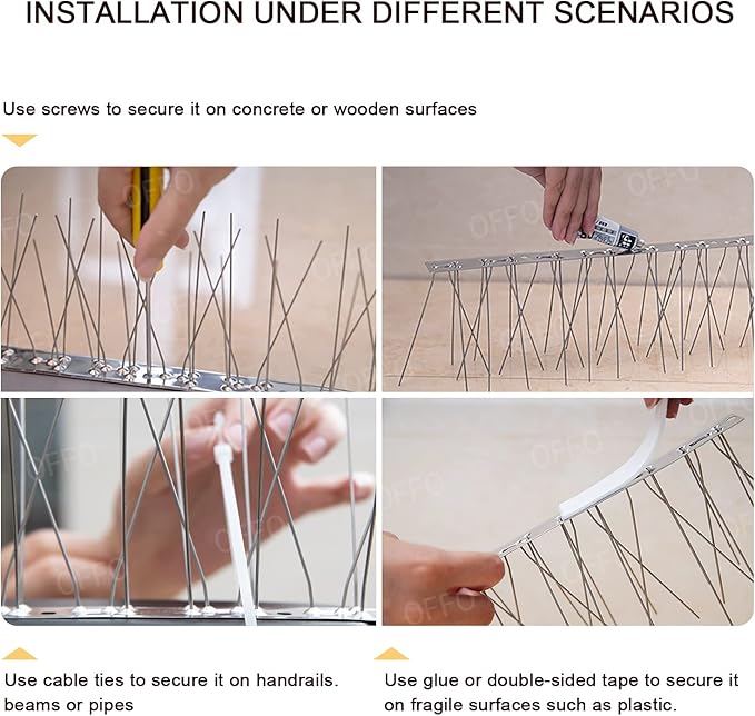 OFFO Bird Spikes with Stainless Steel Base, Durable Bird Spikes Arrow Pigeon Spikes Fence Kit for Keeping Small Bird, Crows and Woodpeckers Away, Covers 38.3 Feet(11.7m)