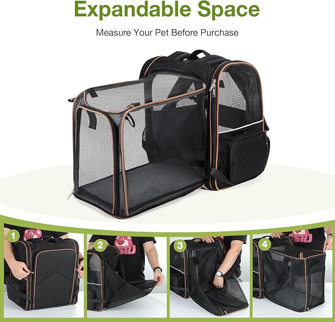 Lekebobor Large Cat Backpack Carrier Expandable Pet Carrier Backpack for Small Dogs Medium Cats Fit Up to 18 Lbs, Dog Backpack Carrier, Foldable Puppy Backpack Carrier for Travel, Black