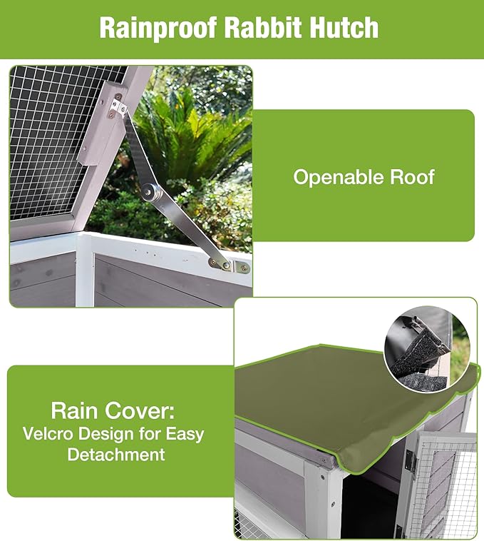 GUTINNEEN Duplex Rabbit Hutch Indoor with Chew-Proof Frame & 2 Leak-Proof Sliding Trays, Rain Cover, Wooden Guinea Pig Cages with Wheels - Grey