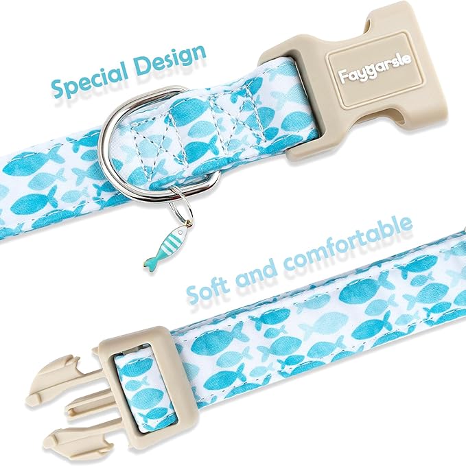 Faygarsle Fish Pattern Dog Collar, Adjustable with Buckle, Blue and White, Summer Design for Small Medium Large Dogs M