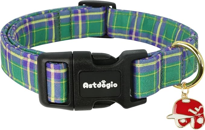 Dog Collar with Dark Green Striped Checkered for Spring Summer, Adjustable Cotton Puppy Collar for Small Medium Large Girl Boy Dogs-S