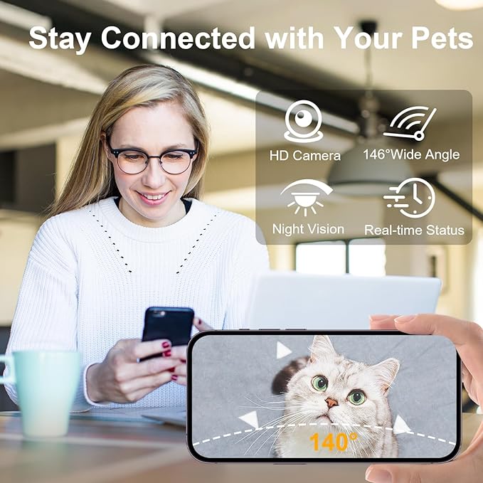 Automatic Pet Feeder, White 6L Cat Food Dispenser, Supports 5G & 2.4G, with 1080P HD Night Vision 142° Camera, APP Remote Control, Customizable Portion Sizes, Low Food & Motion Alerts