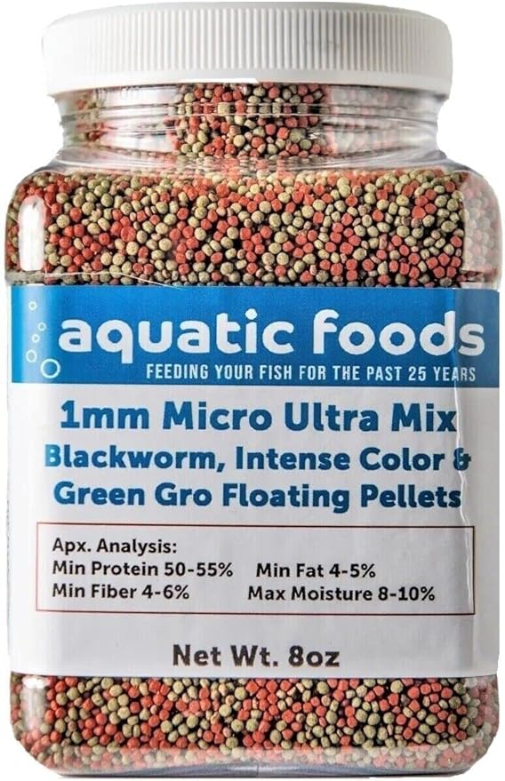 Aquatic Foods Inc. 1mm Ultra Mix of Blackworm, Intense Red, Green GRO Floating Pellets for Discus, Cichlids, All Tropicals, Koi and Pond Fish…8oz Small Jar