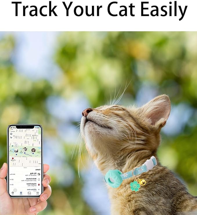 Breakaway Cat Collar with Airtag Holder,Kitten Collar with Apple Air Tag Holder and Bell for Girl Boy Cats, 0.4 Inches in Width and Lightweight. (Blue Flower)