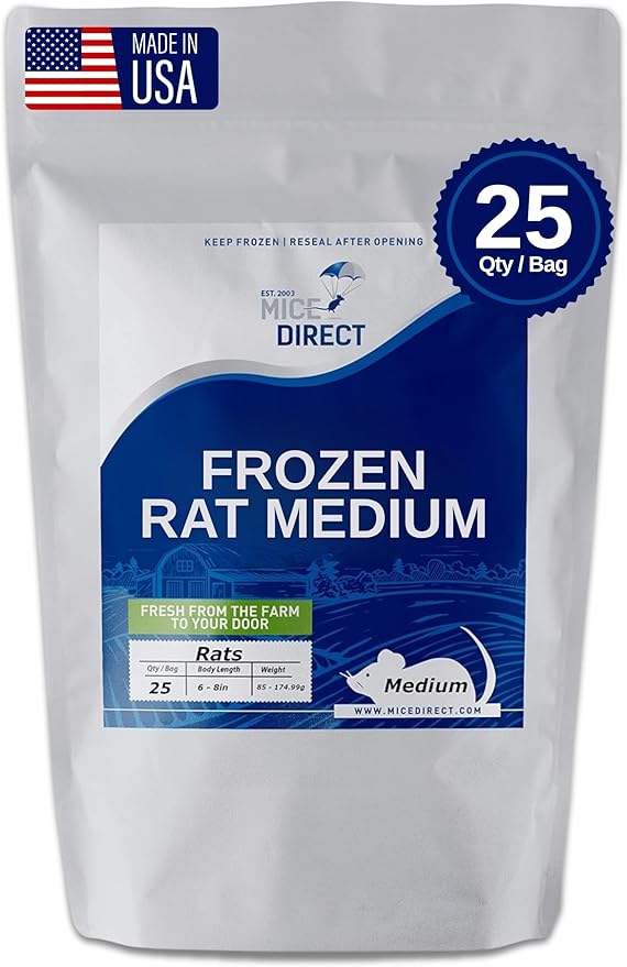 MiceDirect EST. 2003 25 Frozen Rat Medium Feeders Snake Food for Adult Ball Pythons Red Tail Boas Lizards Monitors (6-8 in)(2125 Grams Min)