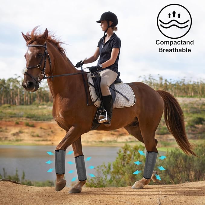 FOXLVDA Horse Fly Boots - Fly Boots for Horses Set of 4, Comfortable Horse Leggings, Mesh Material Design with Metal Support Bars for Reduces Stomping & Leg Fatigue (Dark Gray, Medium)