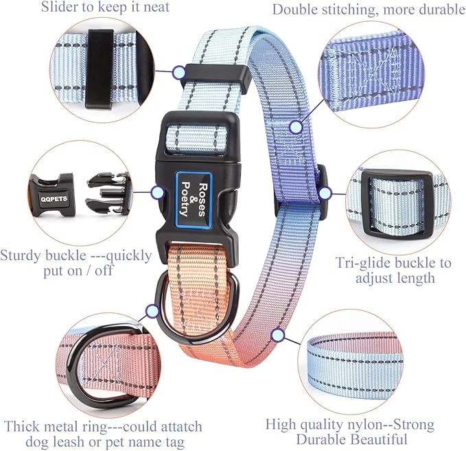 Roses&Poetry Reflective Dog Collar with Gradient Azure, Adjustable Durable Pet Collars for Small Medium Large Dogs (Azure-XS)
