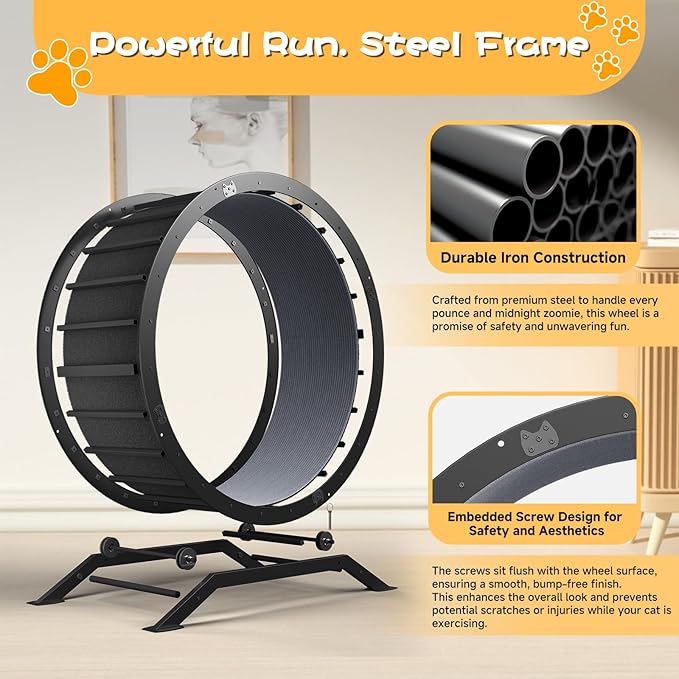 GTPLAYER Cat Wheels, Large Cat Exercise Wheel for Indoor Cats, 40"Diameter cat treadmill Detachable Carpet & Teaser, stickers, Ultra-quiet scroll wheel With latch, Suitable for Most Cats, Metal, Black