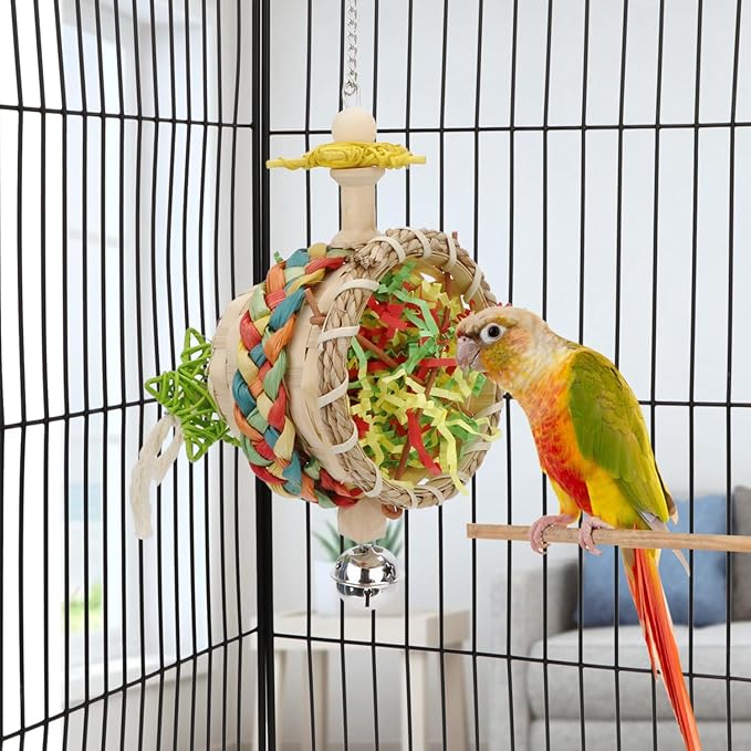 Hypeety Bird Foraging Toys Natural Seagrass Woven Basket Parrot Foraging Chewing Toy with Bell Colourful Parakeet Hanging Toys for Cockatiel Sun Parakeet Budgie Lovebirds (1 pc Woven Basket)