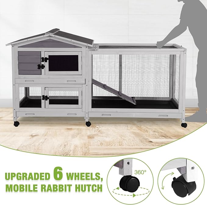 Gutinneen 2-Story Rabbit Hutch Indoor Large Bunny Cage with Chew-Proof Ramp - Wooden Rabbit Cage Outdoor with 6 Lockable Caster Wheels & Dual Pull-Out Trays for Rabbits, 62"L x 22.6"W x 33.5"H (Grey)