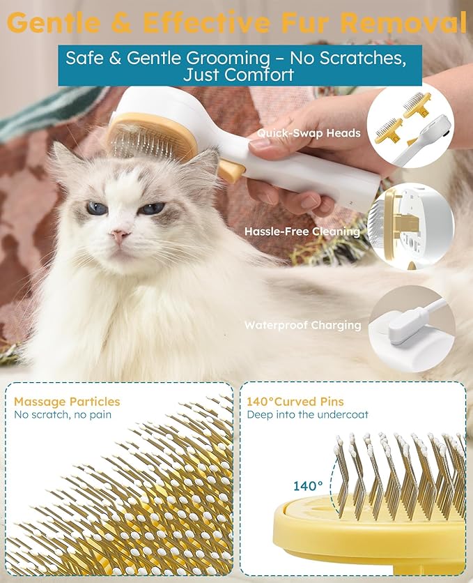 FURGO 3-in-1 Pet Steam Brush for Dogs & Cats – Reduces Static, Long-Pin Head for Long Hair, One-Click Release Button, Dog Spray Brush for Shedding Control (Long)