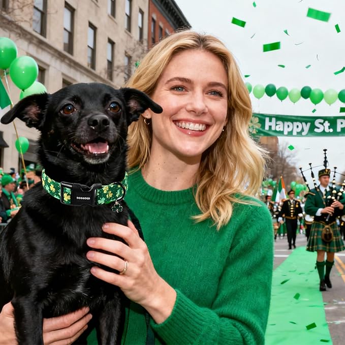 DOGWONG St Patrick's Day Dog Collar-Cute Green Clovers Dog Collars, Adjustable Shamrock Pet Collars Trefoil Puppy Collars with Quick Release Buckle for Girl&Boy Dogs,L