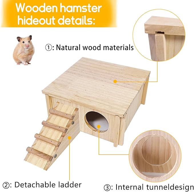Hamster Wooden House with Ladder Small Animal Hideout Activity Platform Exercise Climbing Hut Natural Living Wood Room for Hamster Gerbil Mice Rat