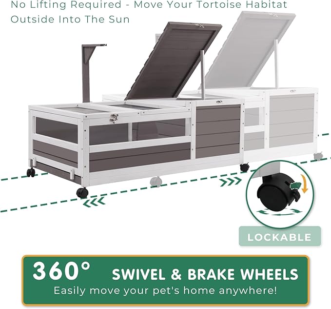 Tortoise Habitat Tank Indoor Outdoor, Wooden Tortoise House with Wheels, 2-Room Reptile Turtle Enclosure Cage for Small Animals, Lamp Holder, Leakproof Tray, Grey