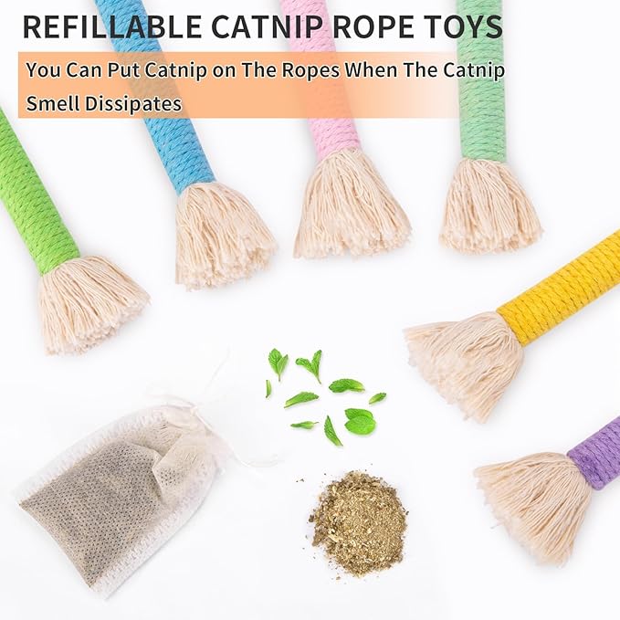Retro Shaw 6Pcs Kitten Toys, Cat Toys Chew Ropes with Refillable Natural Catnip, Safe Teething Cleaning Kitty Toys for Indoor Cats, Christmas Interactive Pet Nip Kicker Toy