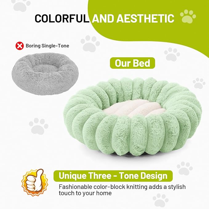Cloudsoft Flower Cat Bed and Dog Bed, Washable Plush Pet Bed with Non-Slip Water-Resistant Bottom, Faux Furfor Cats & Small Dogs Up to 33 lbs, 29.9"x29.9" (Green)