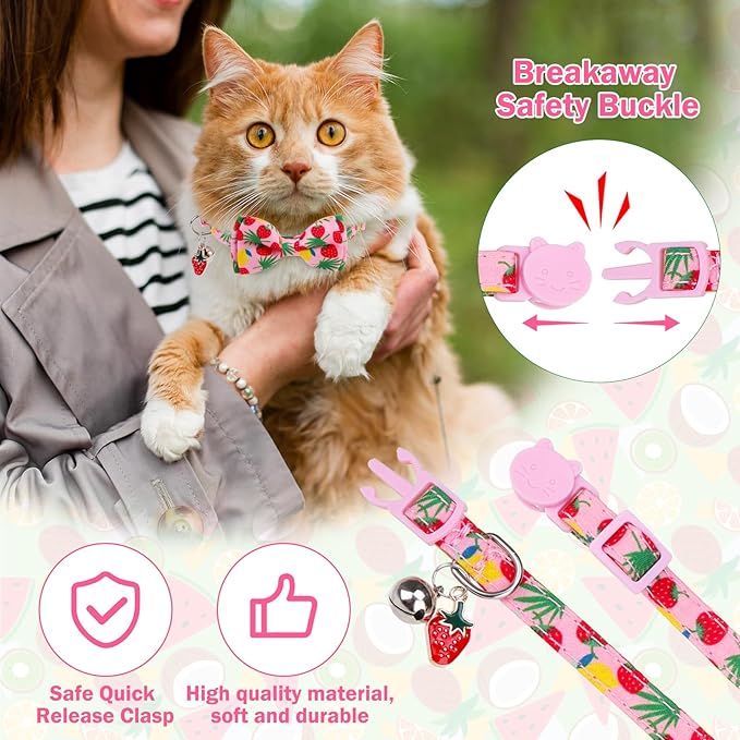 Cat Collar with Bell Bow Tie Fruit Breakaway Bowtie Cat Collar for Spring Summer, Adjustable Safety Kitten Collars with Removable Bowtie & Charm for Boys Girls Male Female Cats