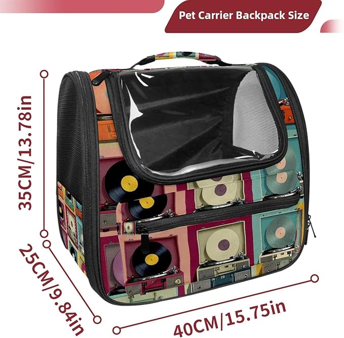 Color Record Player Pattern (1) Cat Carrier Backpack,900D Wear-Resistant Oxford Fabric, Dog Carrier Cat Backpacks Suitable for Travel