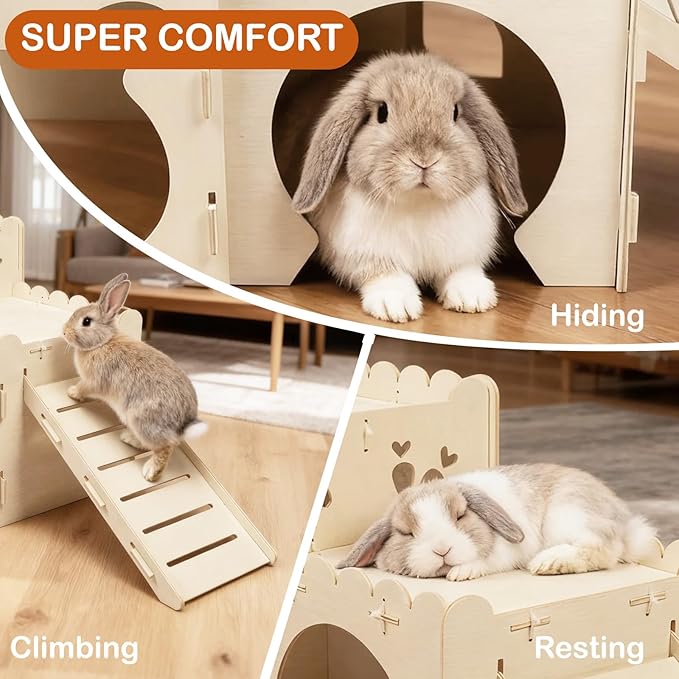 Large Rabbit Castles,Bunny Castle,Wooden Bunny House,Detachable Hamster Hideaway, Indoor Guinea Pig Castle with Ramp, Small Animal Houses & Habitats