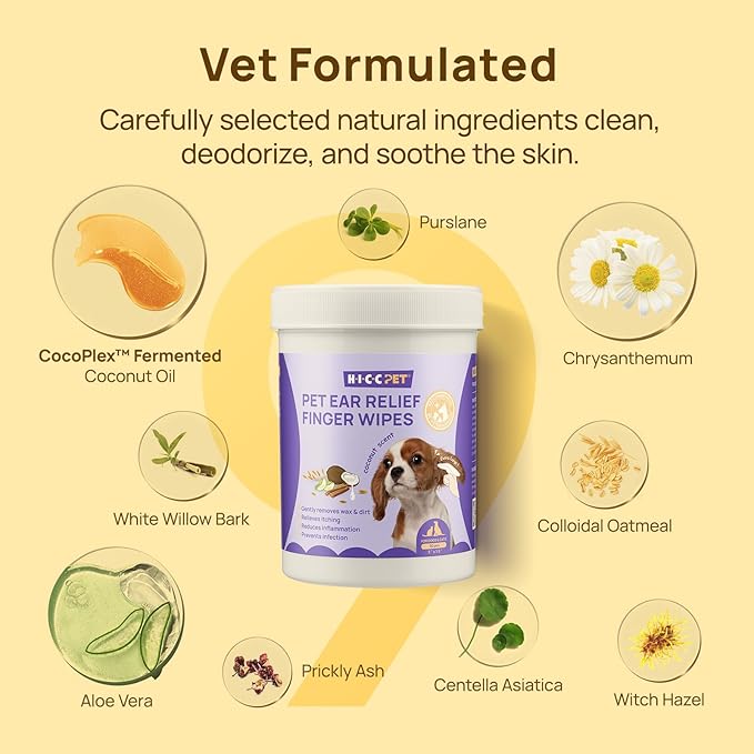 HICC PET Ear Cleaner Finger Wipes for Dogs & Cats, Vet-Recommended Dog Ear Infection Treatment to Relief Itching & Inflammation, Remove Wax, Dirt & Stop Smelly, Non-Irritating-100ct(Coconut Scent)