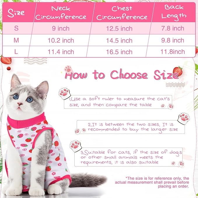 Nuanchu 3 Pieces Cat Recovery Suit Kitten Recovery Suit E-Collar Alternative for Cats and Dogs Abdominal Skin Anti Licking Pajama Clothes Sets(Strawberry Pattern,Small)