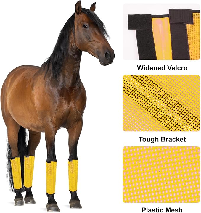 FOXLVDA Horse Fly Boots - Fly Boots for Horses Set of 4, Comfortable Horse Leggings, Mesh Material Design with Metal Support Bars for Reduces Stomping & Leg Fatigue (Yellow, Large)