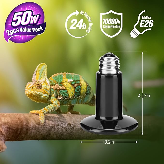 Leoterra 2PCS 50w Ceramic Heat Emitter, Infrared Heat Lamp Bulbs Ceramic Heat Lamp for Reptile Tank,Hedgehogs, Chicken coop, Dog House, Cat Use,Strong Durable and Powerful,Gives Off No Light (50w)