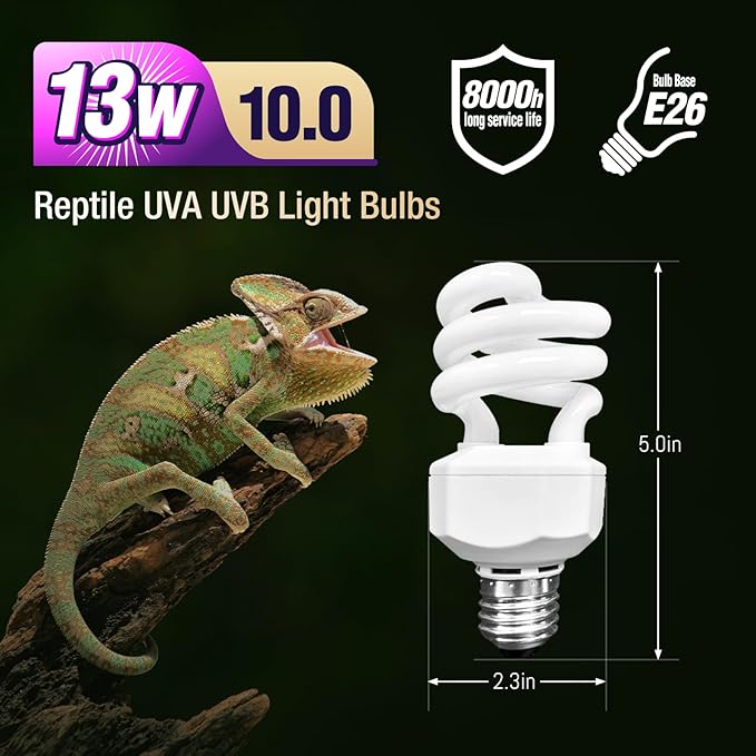 Leoterra Reptile UVB Light Bulb13W 10.0 for Bearded Dragon,Snakes,E26 Base UVA UVB Reptile Light Bulb(13W 10.0)