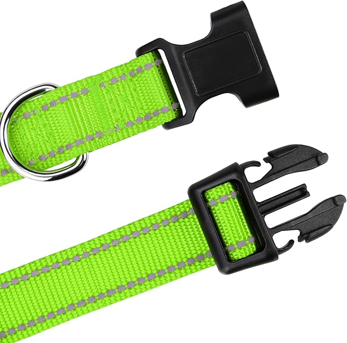 TagME Reflective Nylon Dog Collars, Adjustable Classic Collar with Quick Release Buckle for Extra Large Dogs, Green, 1¼" Width