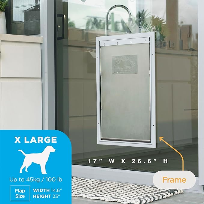 Hakuna Pets Deluxe Aluminum Pet, Cat and Dog Door with 2-Way Locking Panel for Screens, Doors and Walls up to 2.8" Thick, X-Large, Silver