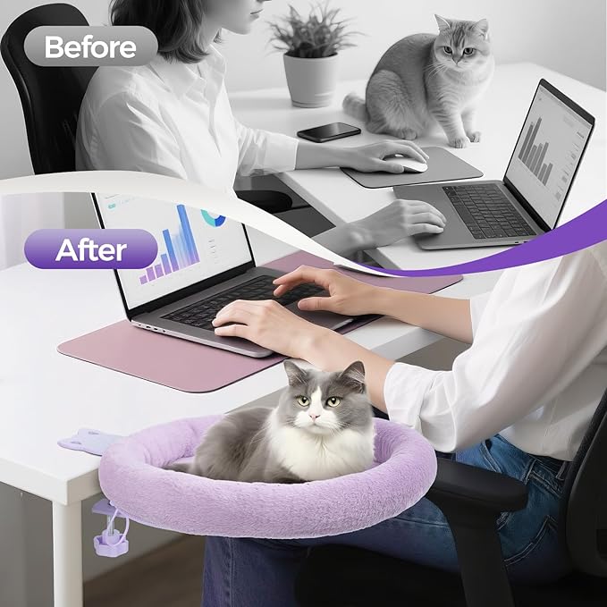 Rotating Cat Desk Bed - 40 LBS Chair-Side Cat Sleeping Basket with Bed for Desk, 360° Swivel & Removable Washable Cushion for Office Comfort(Purple