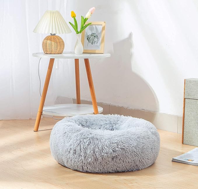 Donut Bed Medium Size Dog, Calming Soft Round Cuddler Dog Beds Fluffy Plush Faux Fur Pet Beds (24", Light Grey)