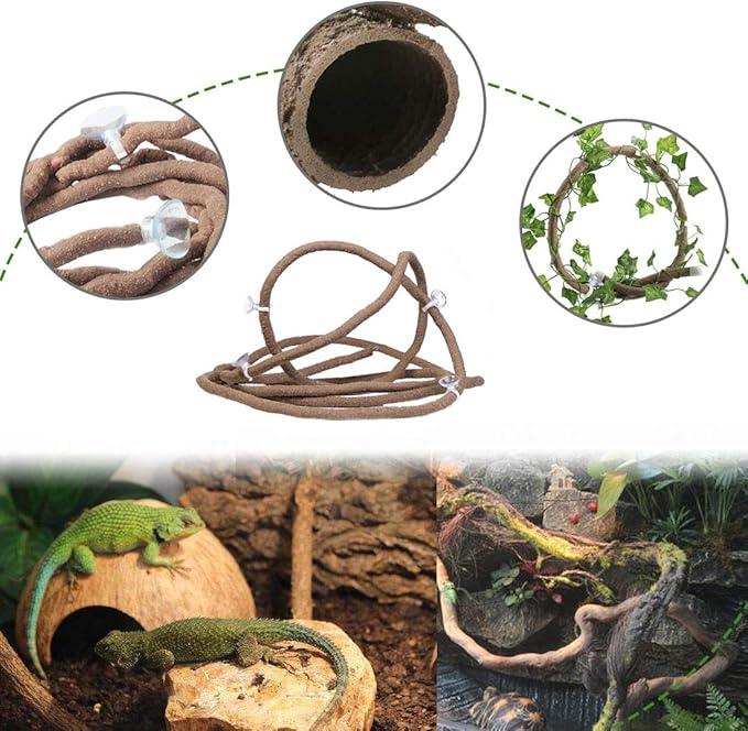 PINVNBY Bearded Dragon Tank Accessories,Reptiles Resin Human Skull Habitat Decor,Lizard Hammock Coconut Shell Hut Hideouts Cave Jungle Climber Vines Leaves Decorations for Chameleon Snake Spider Gecko