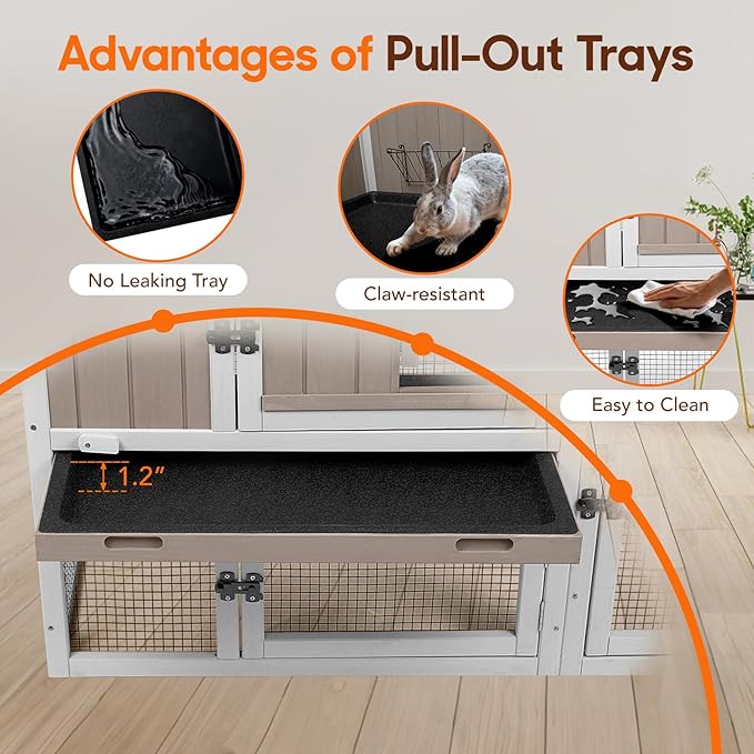 Rabbit Hutch 2-Story Bunny Cage with Chew-Proof Ramp Slide for Indoor Outdoor Guinea Pig Cage with Cleaning Tray & Waterproof Roof for Small Bunny Rabbit Chicken