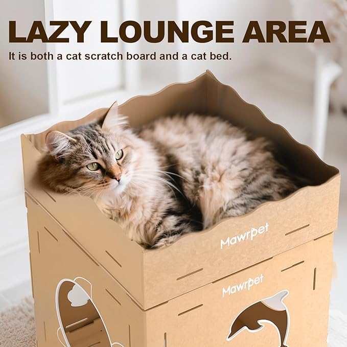 DIY Cardboard Cat House with Scratching Pad, Cat Tower Indoor Play House, Versatile Cardboard Cat Tunnel Box for One or More Pets, Indoor Use Rabbit Hideout Cave Castle Brown, 6 Parts